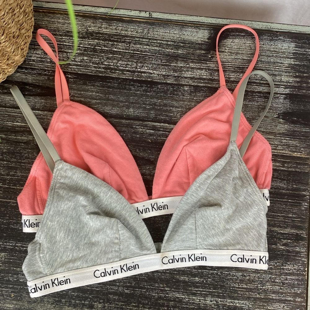 Calvin Klein SET of 2 Orange & Gray Cotton Logo Band Wire Free Bralette Bras S